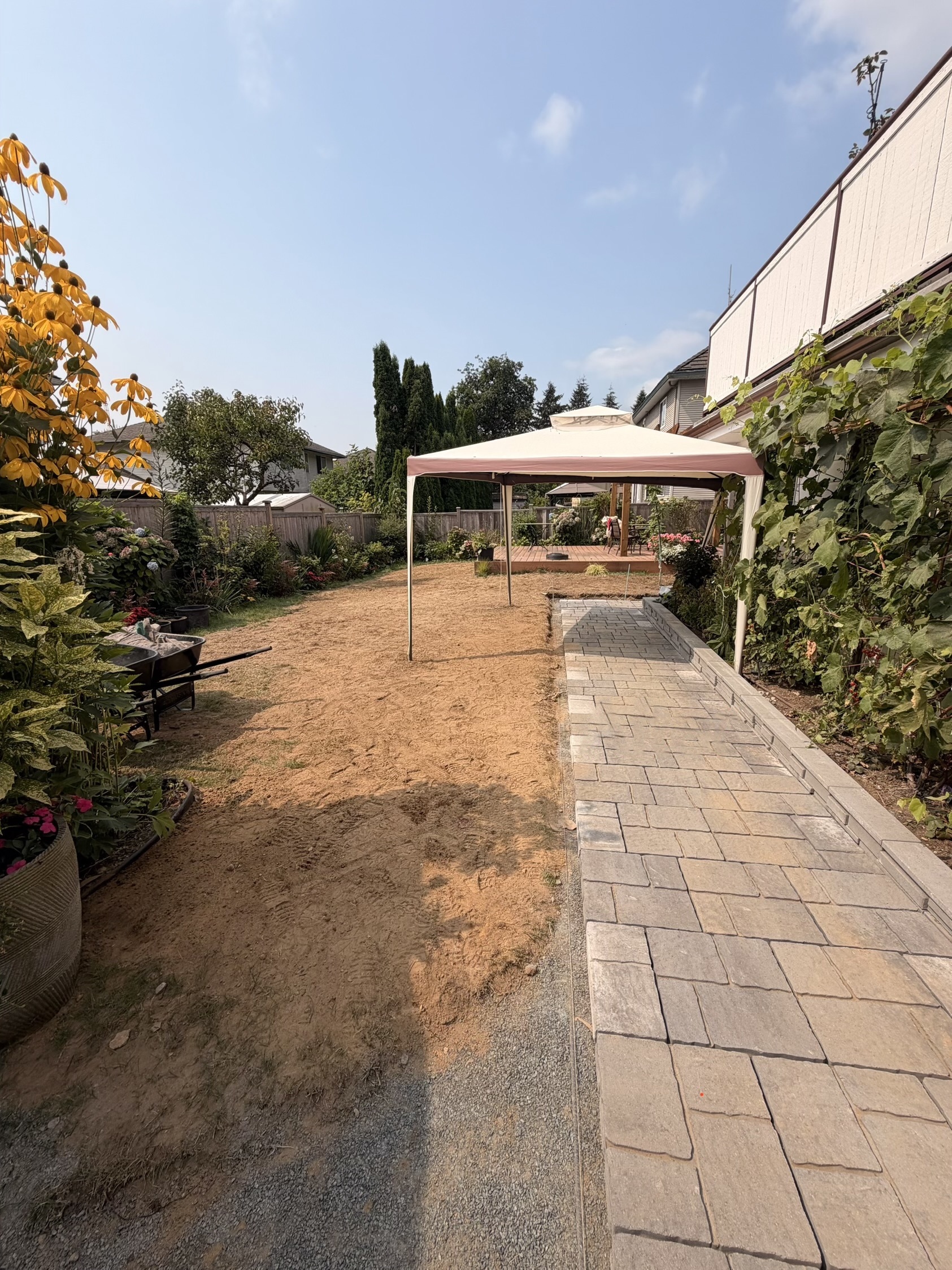 The same side yard finished with a laid paver walkway running the length of the house